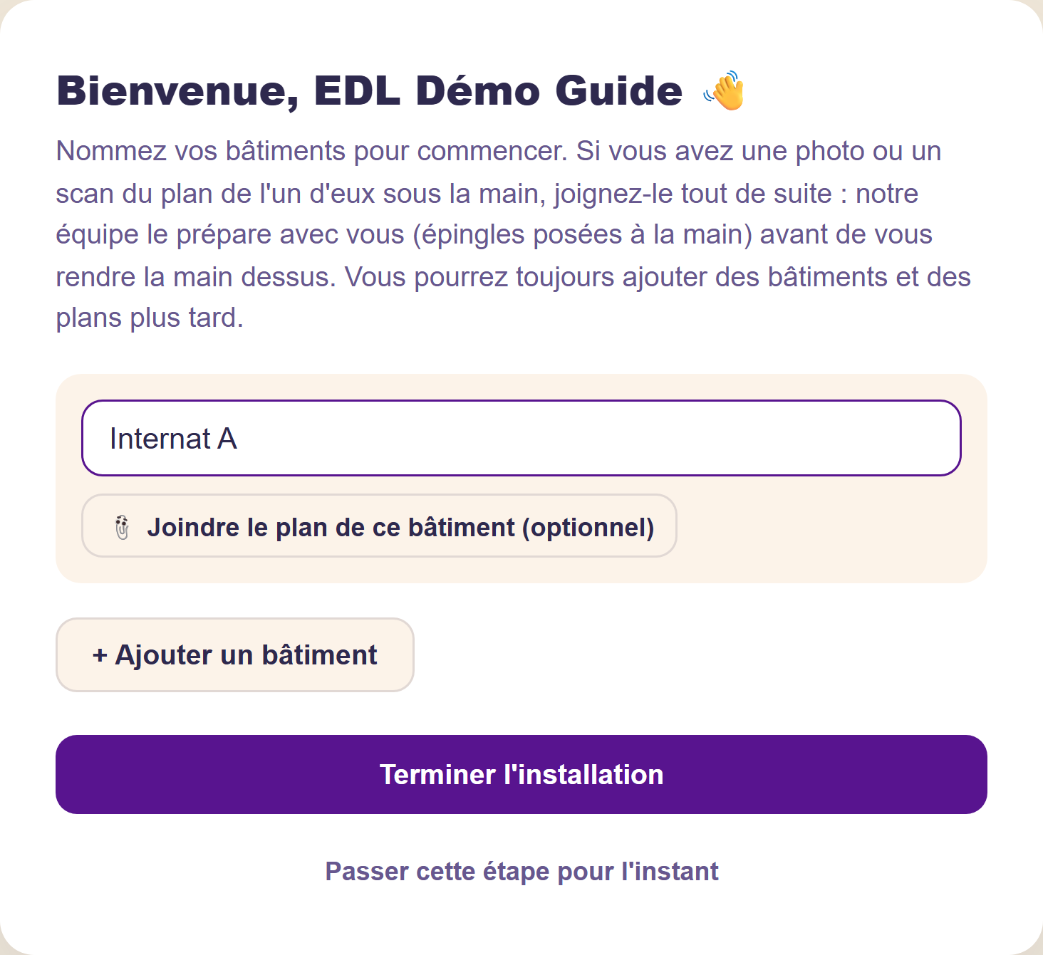 Assistant de configuration, étape bâtiments