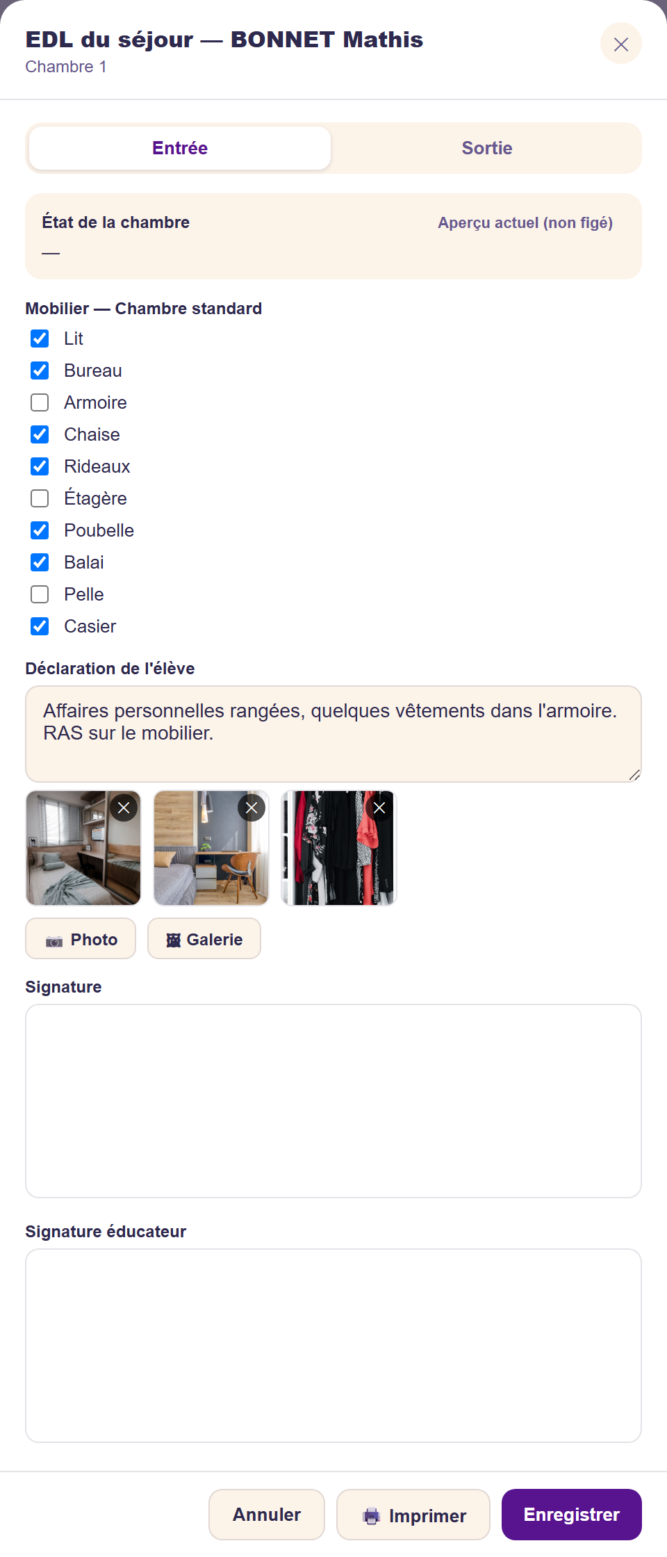 État des lieux de séjour rempli, avec fiche de mobilier cochée et photo jointe