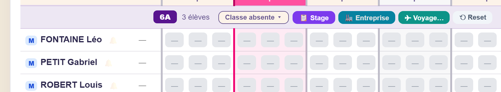 Bouton Classe absente ouvert, avec les options Stage, Entreprise et Voyage