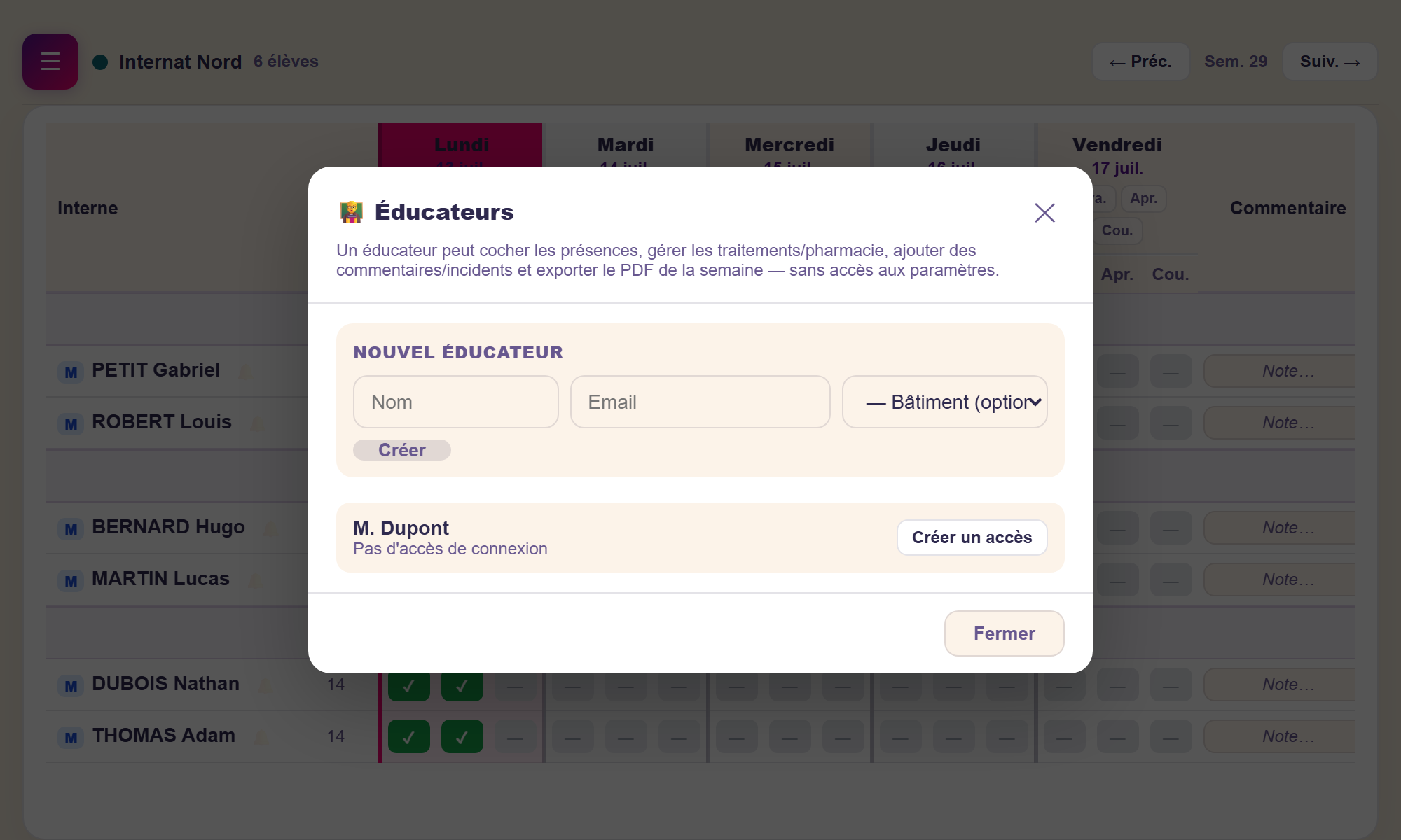 Écran de gestion des comptes éducateurs