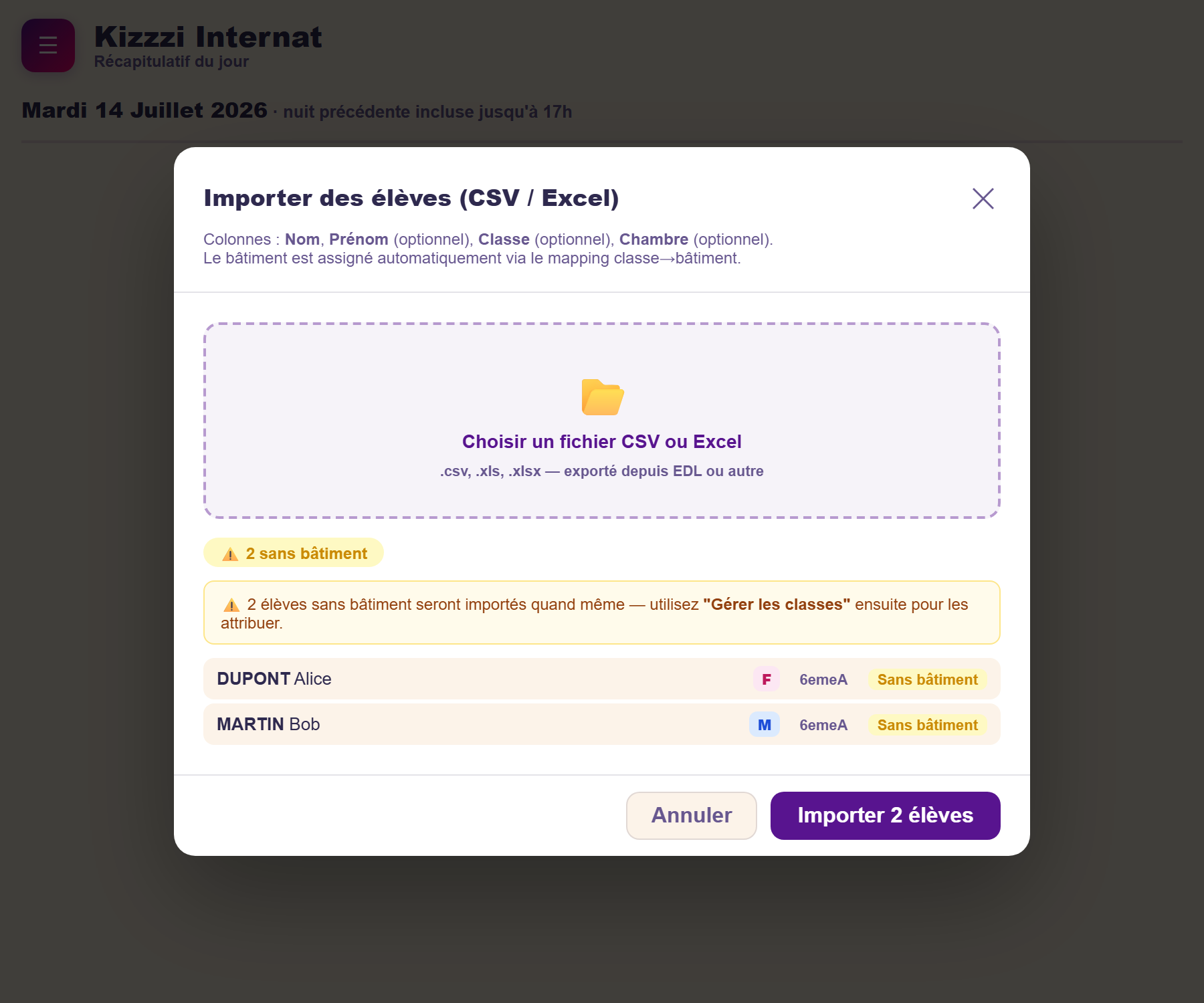 Aperçu d'un import Excel avant validation