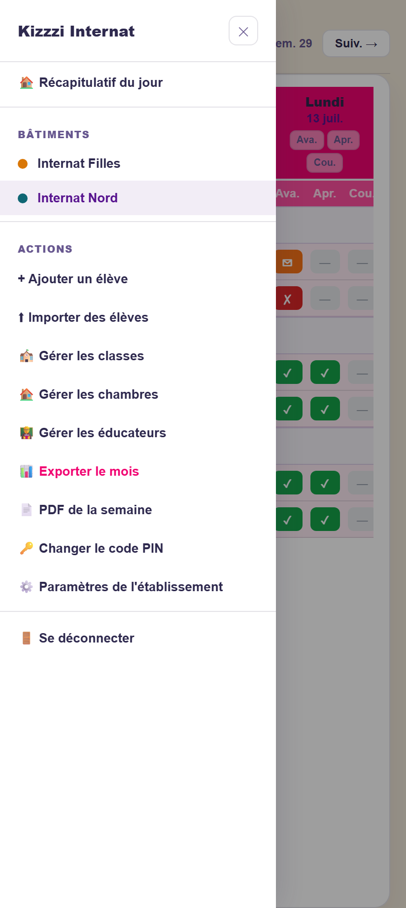 Menu de navigation listant les bâtiments et toutes les actions disponibles