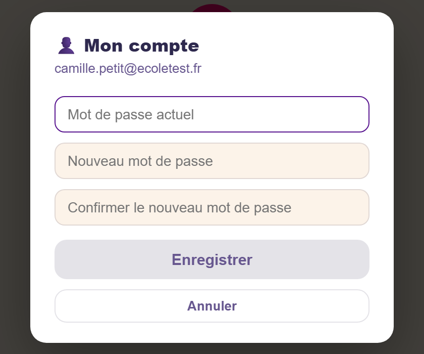 Écran Mon compte pour changer son mot de passe