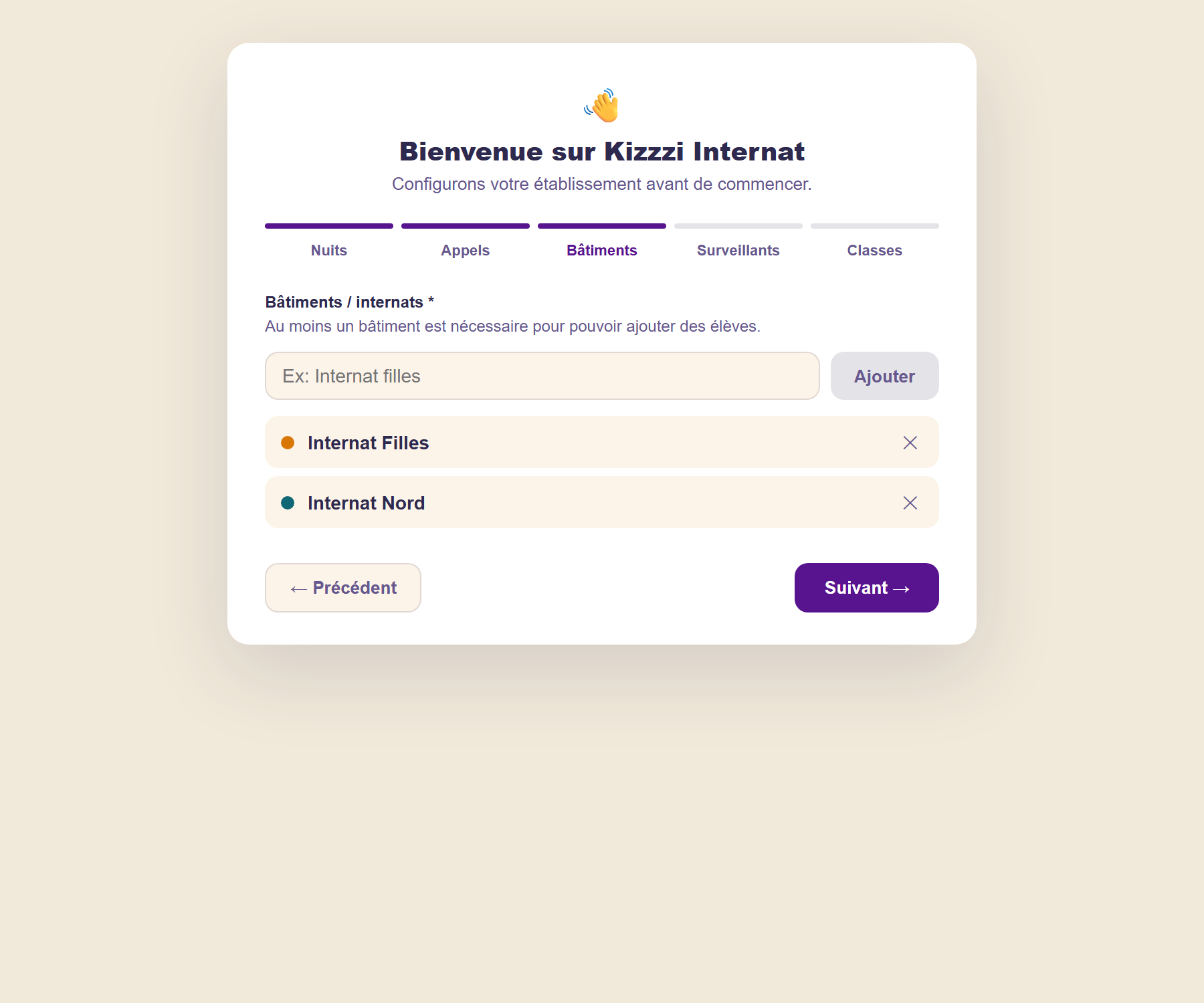 Assistant de configuration, étape bâtiments