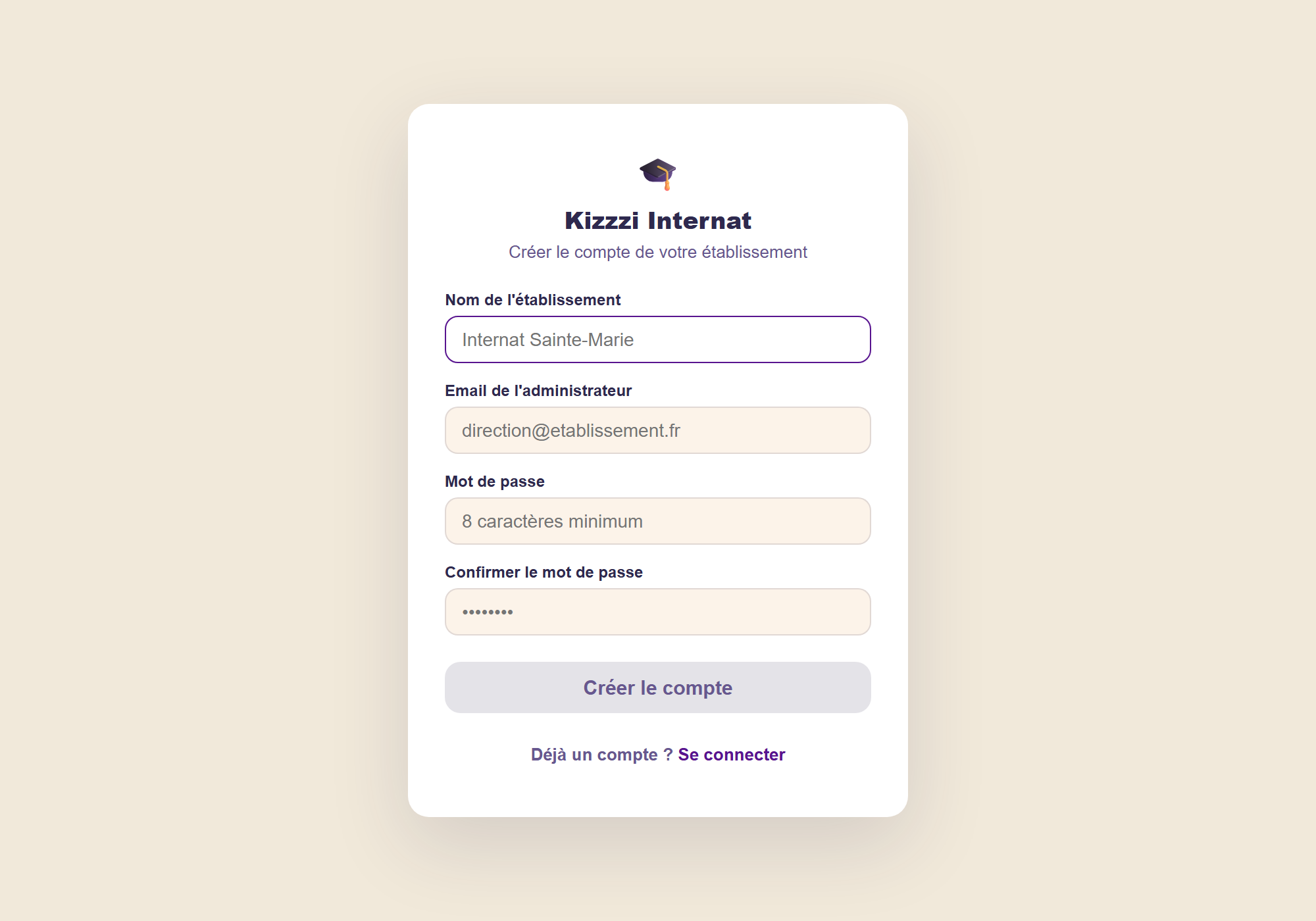 Formulaire de création de compte établissement